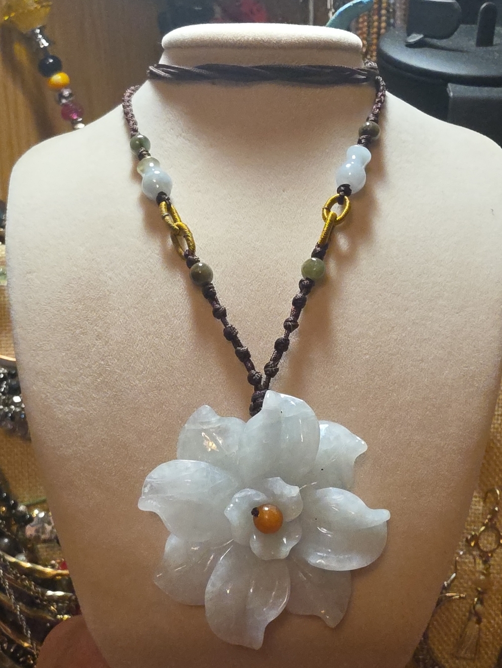 Handcrafted White Jade Flower Pendant Necklace with Brown Cord